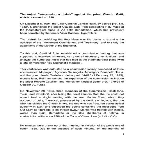 The unjust suspension a divinis against the priest Claudio Gatti