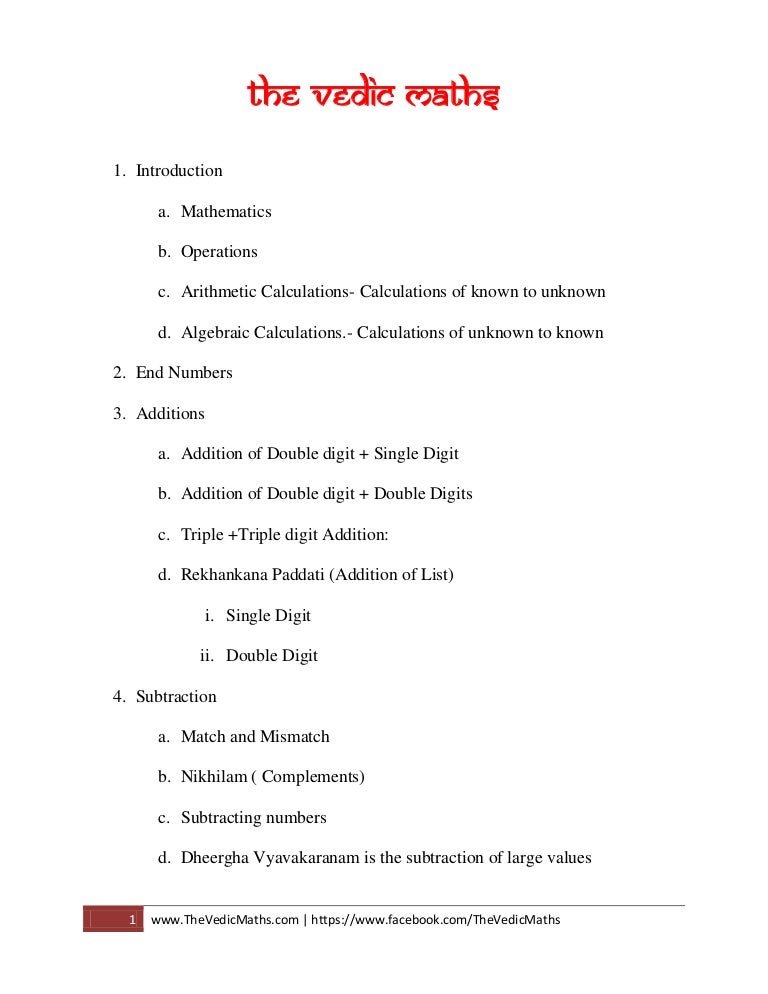 the vedic maths contents