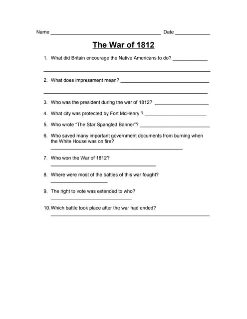 The war of 1812 - worksheet