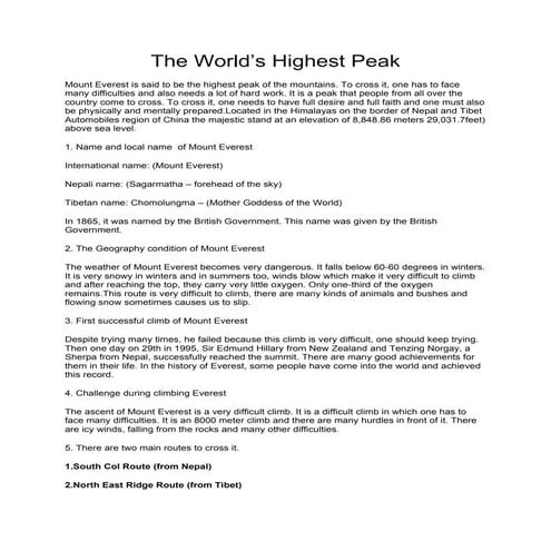 List of the World’s Highest Peak - Mount Everest
