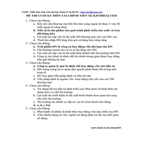 đề Thi cuối kỳ môn tài chính tiền tệ