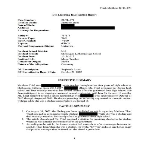 Matthew Thiel Investigation Report (DPI) | PDF