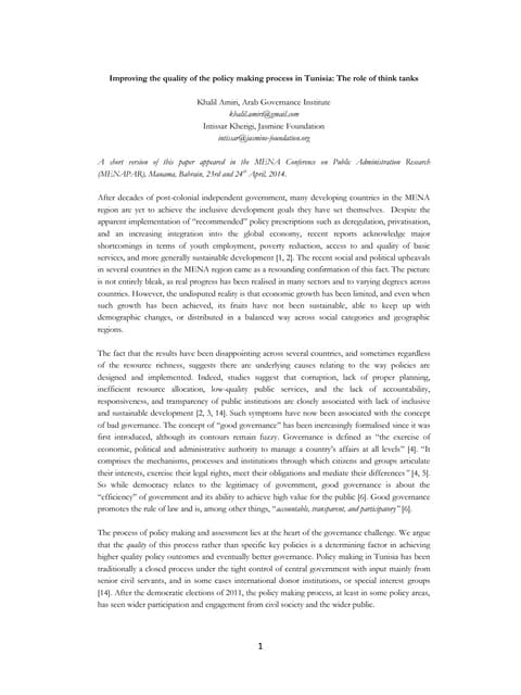 Improving the quality of the policy making process in Tunisia: The role of think tanks 