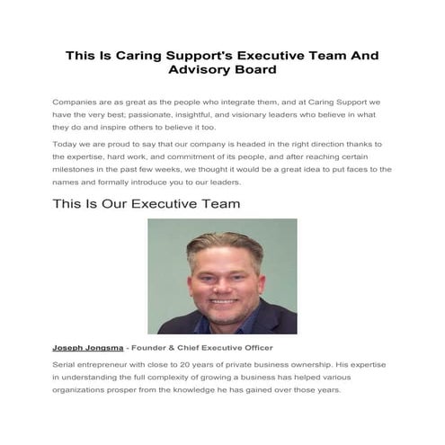 This is caring support's executive team and advisory board
