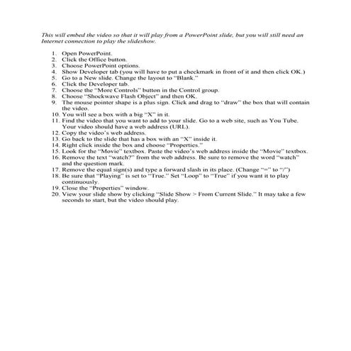 This will embed the video so that it will play from a power point slide