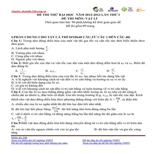 đề Thi thử đại học môn lý 2013