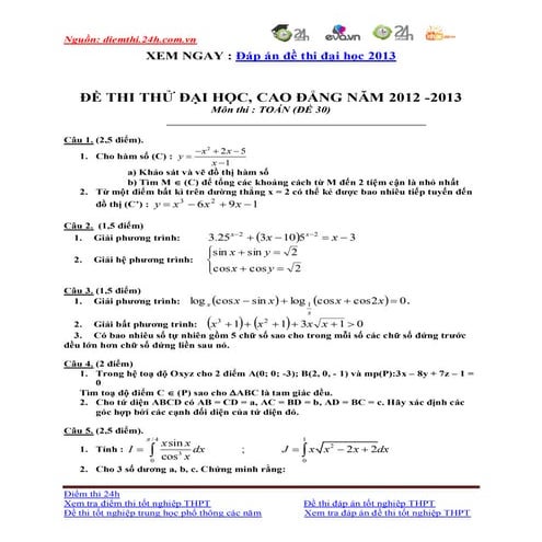 đề Thi thử đại học môn toán năm 2013