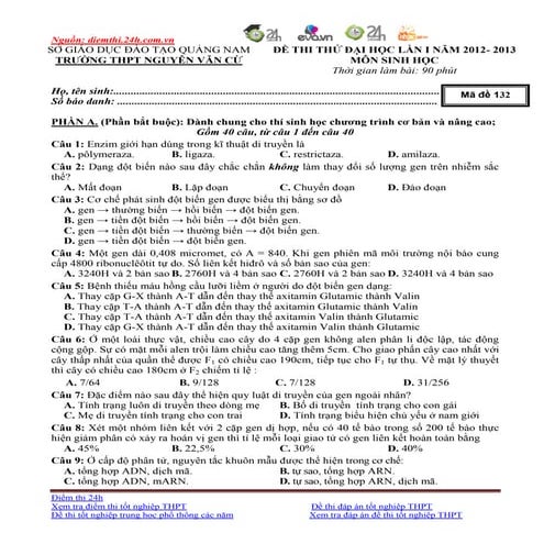 đề Thi thử môn sinh đh 2013