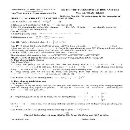 Thi thử toán lương ngọc quyến tn 2012 k d