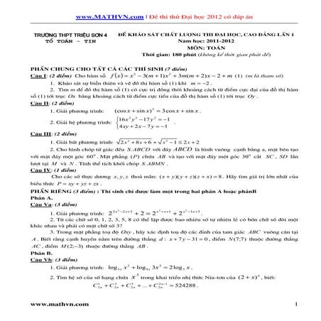 Thi thử toán triệu sơn 4 th 2012 lần 1