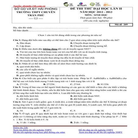 đề Thi thử tốt nghiệp thpt môn sinh 2013
