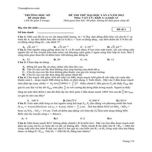 ĐỀ THI THỬ ĐẠI HỌC VẬT LÝ LẦN 4 - TRƯỜNG HỌC SỐ