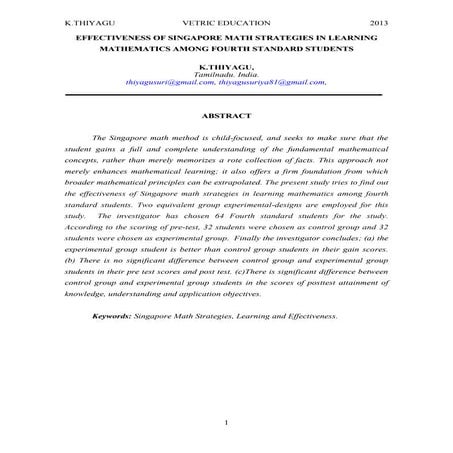 EFFECTIVENESS OF SINGAPORE MATH STRATEGIES IN LEARNING MATHEMATICS AMONG FOUR...