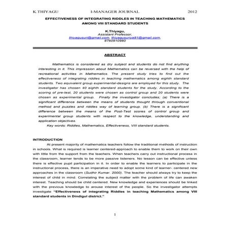 EFFECTIVENESS OF INTEGRATING RIDDLES IN TEACHING MATHEMATICS AMONG VIII STAND...