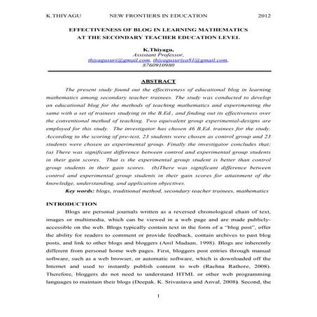 EFFECTIVENESS OF BLOG IN LEARNING MATHEMATICS AT THE SECONDARY TEACHER EDUCAT...