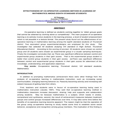 EFFECTIVENESS OF CO-OPERATIVE LEARNING METHOD IN LEARNING OF MATHEMATICS AMON...