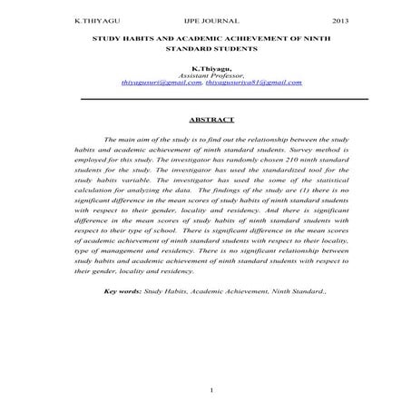 STUDY HABITS AND ACADEMIC ACHIEVEMENT OF NINTH STANDARD STUDENTS | PDF