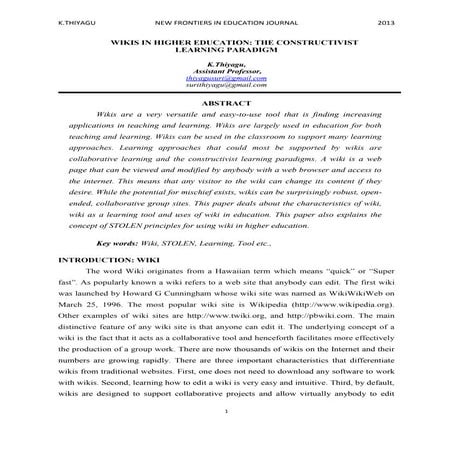 1 WIKIS IN HIGHER EDUCATION: THE CONSTRUCTIVIST LEARNING PARADIGM