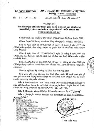 Thông tư 21/2017/TT-BCT ngày 23/10/2017 về Quy chuẩn kỹ thuật quốc gia về mức giới hạn hàm lượng FORMALDEHYT và các AMIN thơm chuyển hóa từ thuốc nhuộm AZO trong sản phẩm DỆT MAY