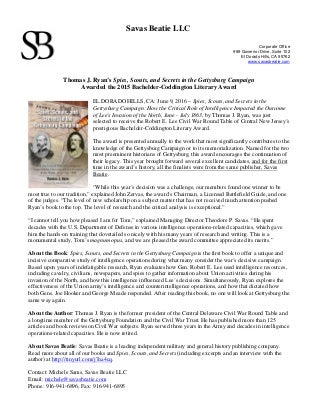 Thomas J. Ryan’s Spies, Scouts, and Secrets in the Gettysburg Campaign Awarded the 2015 Bachelder-Coddington Literary Award 