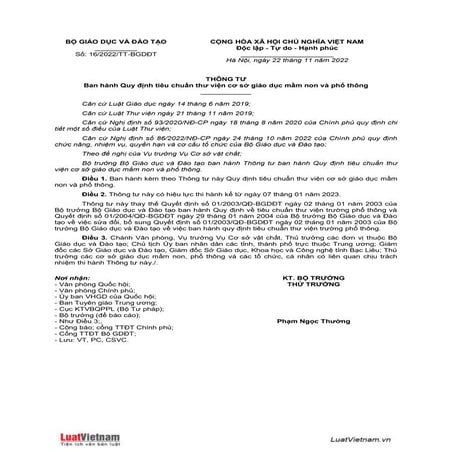 Quy định tiêu chuẩn thư viện cơ sở giáo dục mầm non và phổ thông