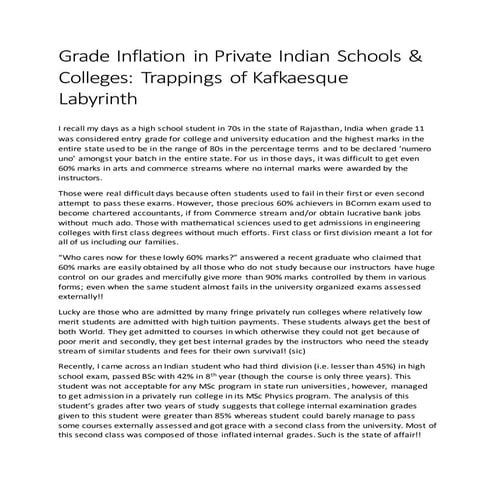 Grade Inflation in Private Indian Schools & Colleges: Trappings of Kafkaesque...