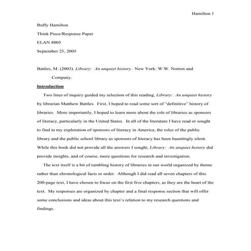 Thought Paper Reading Four:  Library, An Unquiet History (Matthew Battles) Bu...