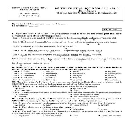 Thi thử Đại Học tiếng Anh THPT Nguyễn Trãi, Nam Định 2013