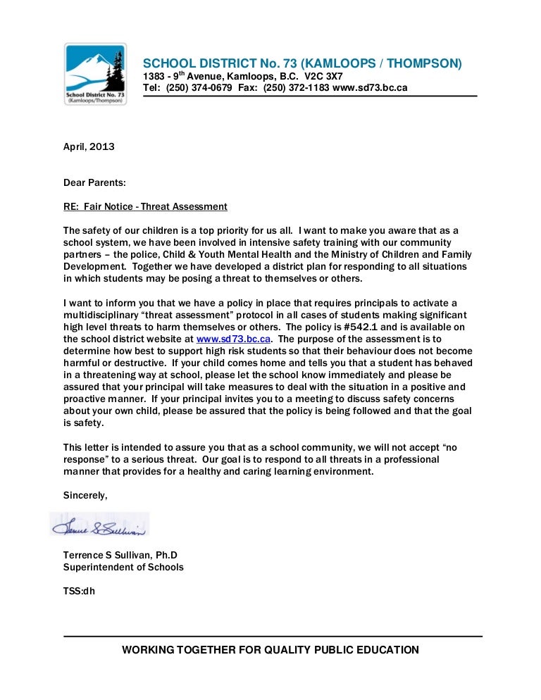 Threat assessment letter april 2013
