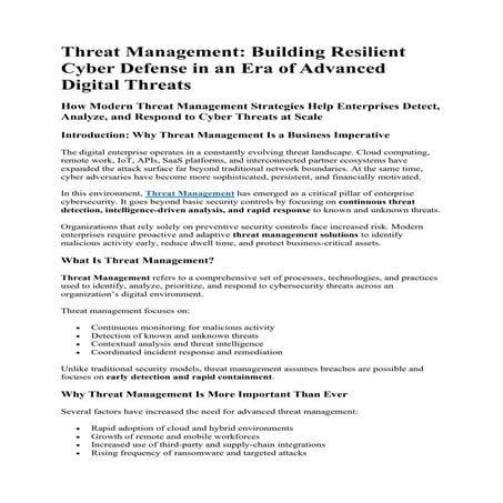Threat Management: Building Resilient Cyber Defense in an Era of ...