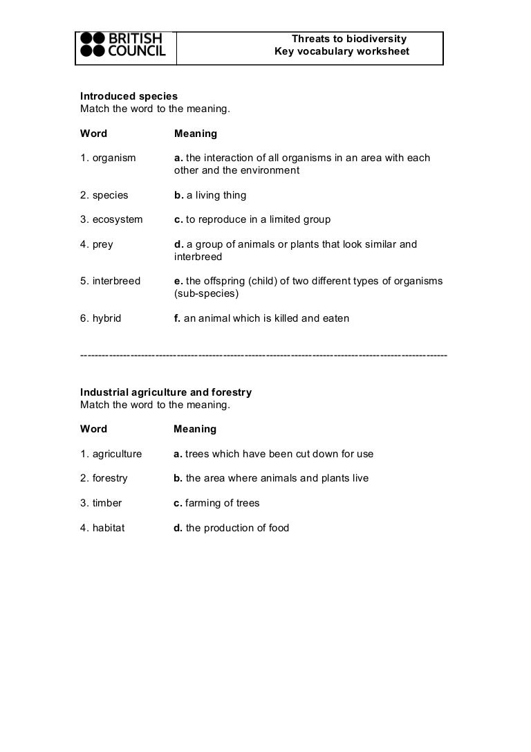 worksheet Biodiversity Worksheet threatstobiodiversityvocabmatchingforbio 131228103237 phpapp01 thumbnail 4 jpgcb1388226896