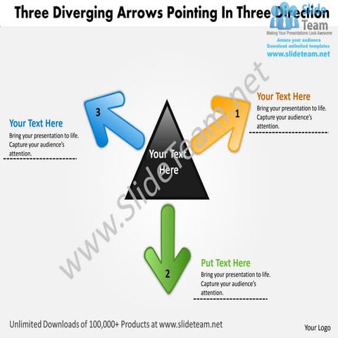 Three diverging arrows pointing direction circular flow process power point t...