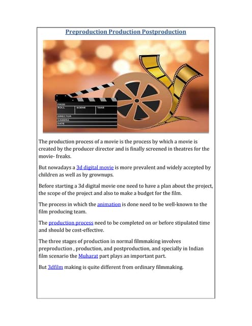 Preproduction Production Postproduction Digital Film Making Process