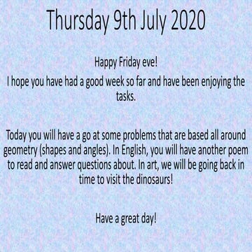 Thursday 9th July 2020