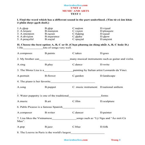 Tiếng Anh Global Success 7 - Unit 4 Music and Arts - Lesson 1 + 2.pptx