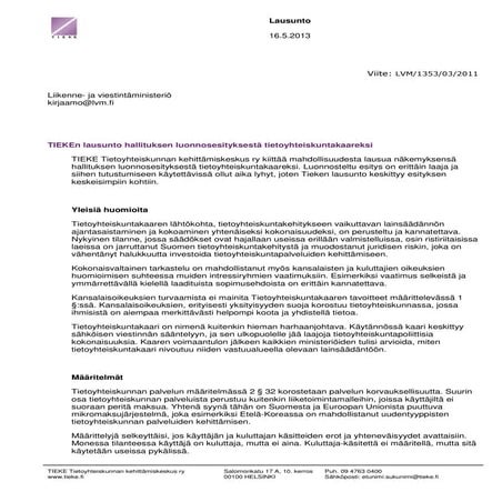 Tieken  lausunto luonnoksesta tietoyhteiskuntakaareksi