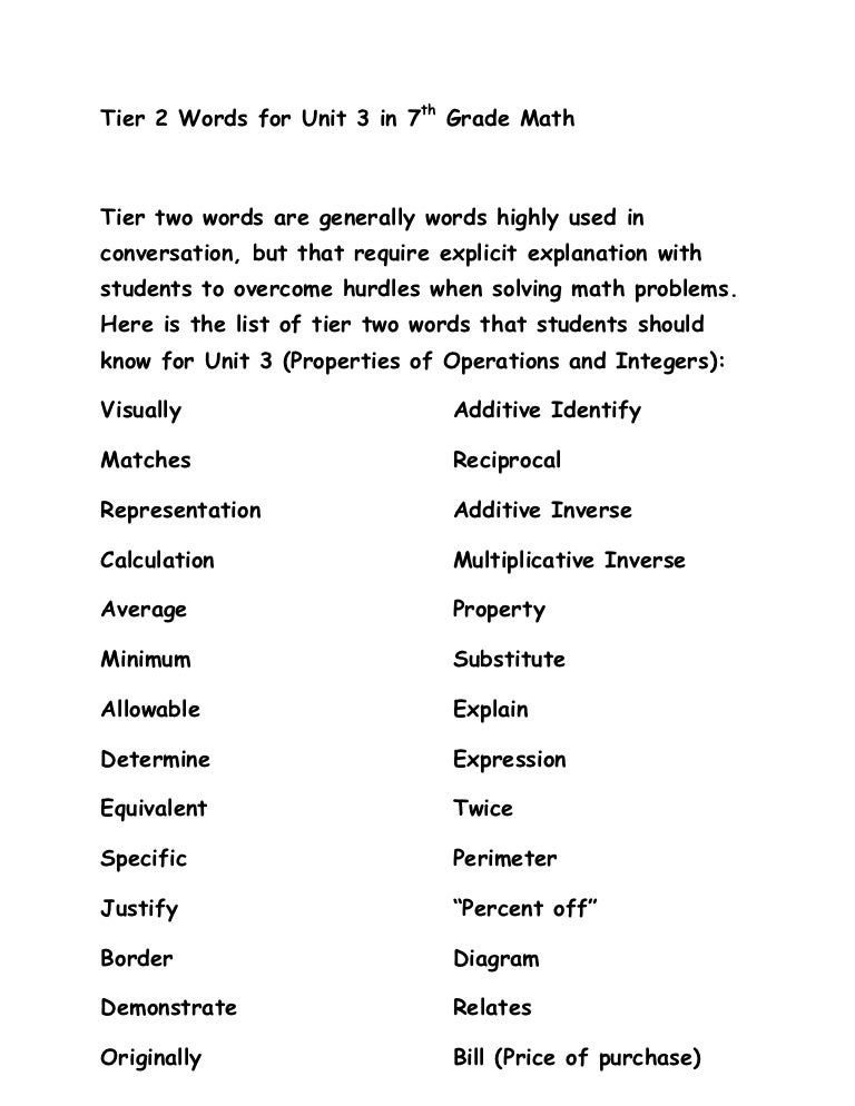 words grade high frequency 7th 2 words Tier for unit 3 grade math 7th in