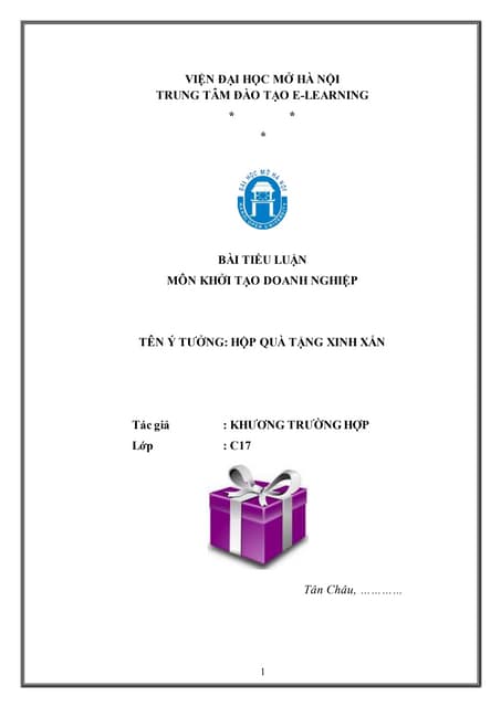 Tiểu luận Khởi tạo doanh nghiệp - Lập kế hoạch kinh doanh quà tặng!