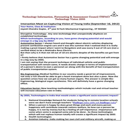 TIFAC "Vision 2035"  : My Suggestions