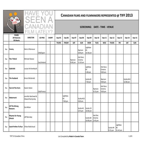 TIFF 2013 Canadians Screening schedule