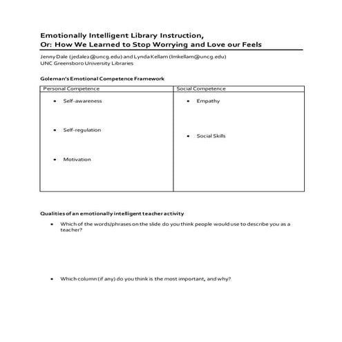 Handout:  Emotionally Intelligent Library Instruction