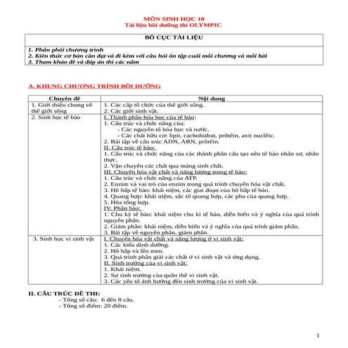 Tài liệu bồi dưỡng ôn tập thi olympic sinh học 10 | PDF