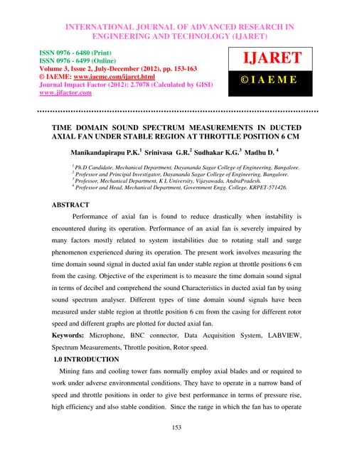 Time domain sound spectrum measurements in ducted axial fan under stable regi...