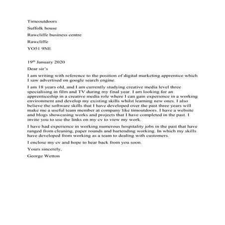 Old cover letter document for an apprenticeship (2020)