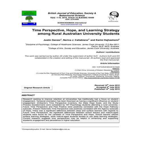 Time perspective, hope, and learning strategy among rural australian universi...