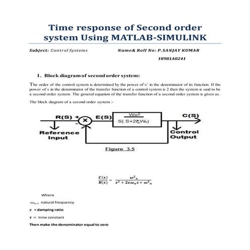TIME RESPONSE OF SECOND ORDER SYSTEM USING MATLAB