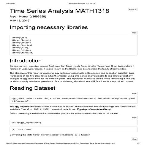 Egg deposition for Bloaters, aged 3, in Lake Huron and predicting next five y...