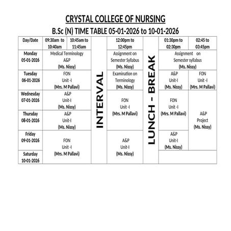 Comprehensive B.Sc Nursing Timetable for January to March 2026 at ...