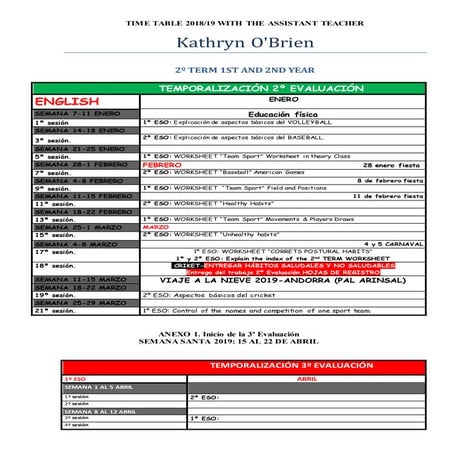 Time table 2nd term PE with assistant teacher
