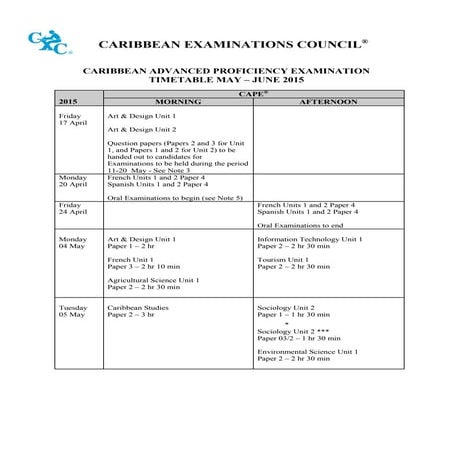 Timetable CAPE may/june 2015 final | PDF